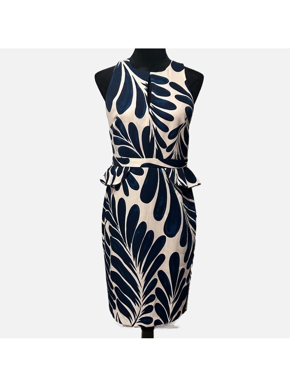 Ann Taylor Factory Dress Peplum Leaf Print Pink Navy Sz 4 Lined Keyhole Front